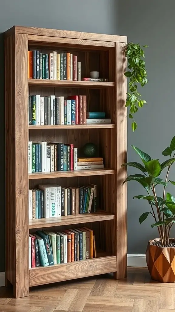 A wooden corner bookshelf filled with colorful books next to a green plant.
