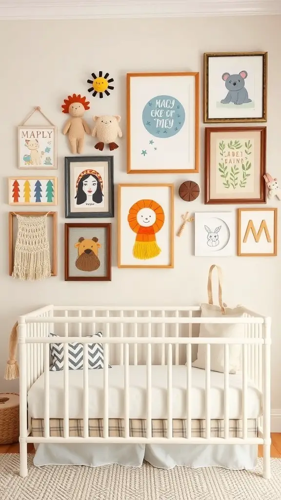 A colorful nursery wall featuring eclectic art pieces and a crib.