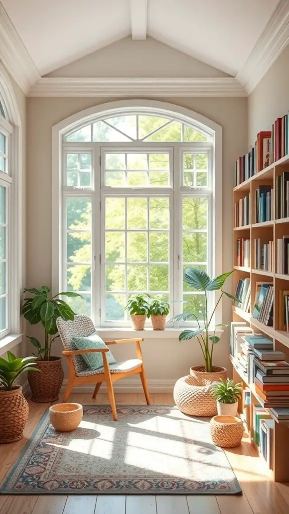 27+ Cozy Cottage Sunroom Ideas You’ll Love 7 A cozy reading nook in a sunroom with large windows, plants, and a comfortable chair.