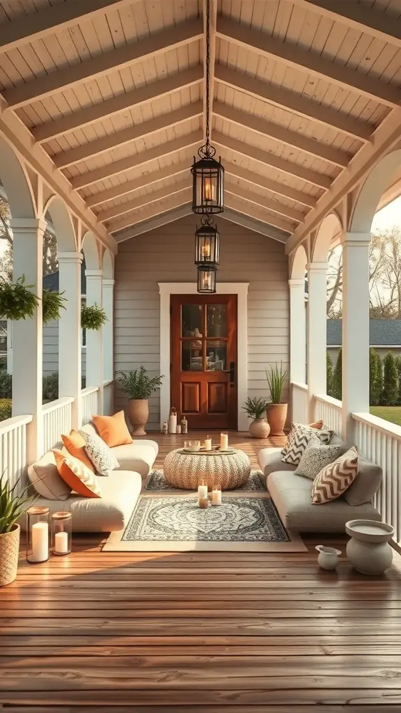 A serene covered porch with cushions, plants, and lanterns, designed for meditation.