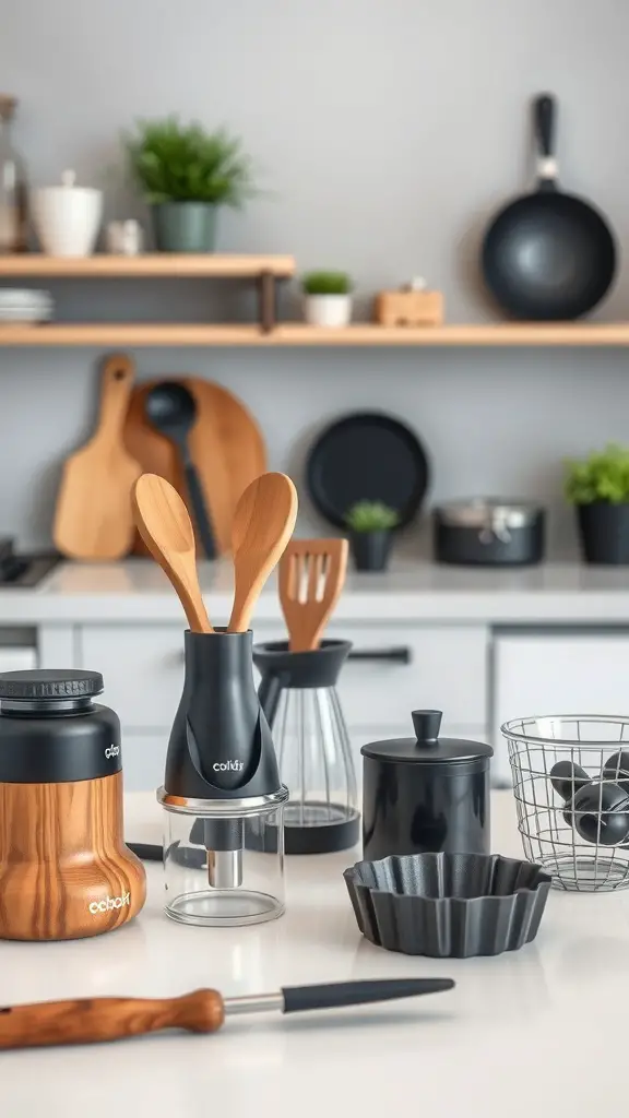A collection of black and brown kitchen accessories including wooden utensils, glass containers, and a black canister on a kitchen counter.