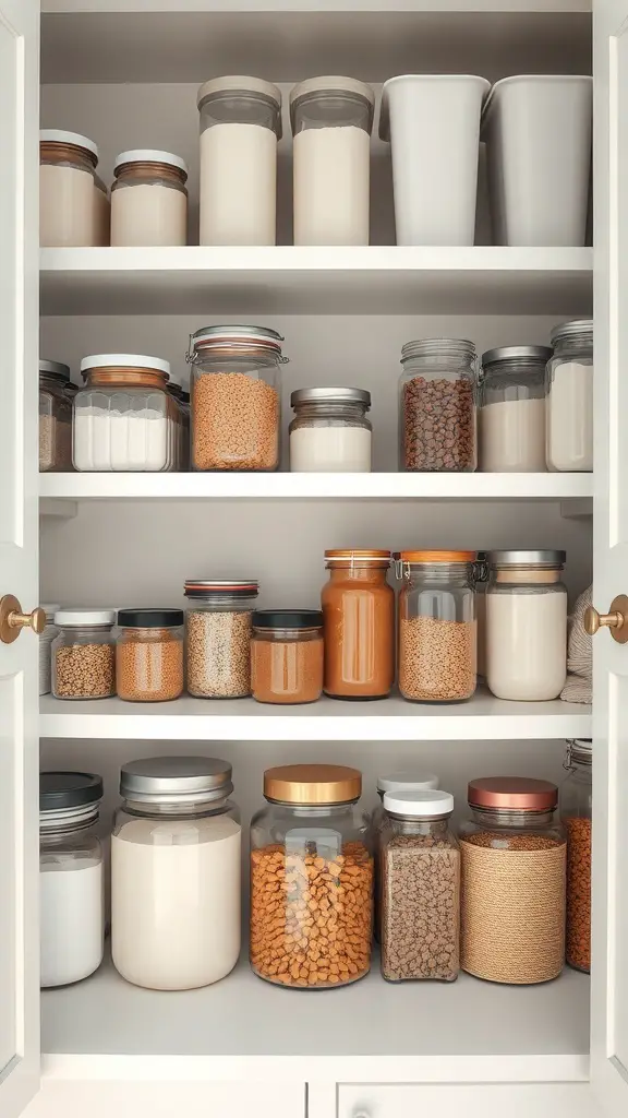 Organized pantry with jars and containers for storage solutions.