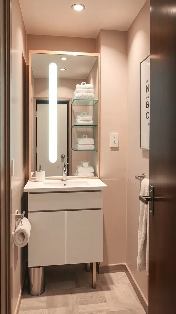 25+ Creative Bathroom Mirror Ideas to Elevate Your Space 8 A modern bathroom featuring a mirrored cabinet above the sink with glass shelves and built-in lighting.