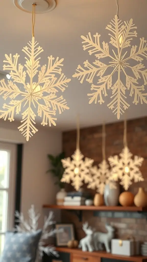 Paper snowflake chandeliers hanging from the ceiling in a cozy room