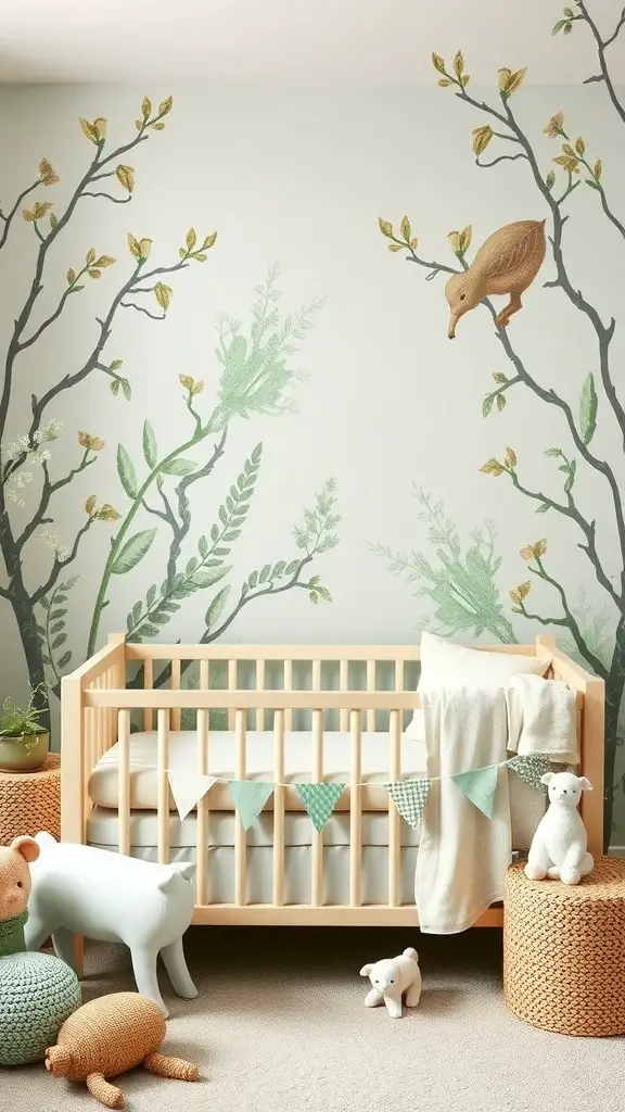 A serene nursery featuring sage green wall art with branches and leaves, a wooden crib, and playful decor.