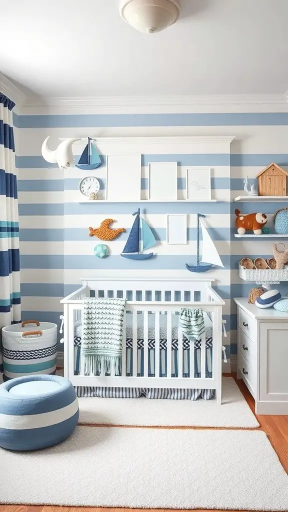 A nautical-themed nursery for baby boys featuring blue and white stripes, a crib, and playful decor.