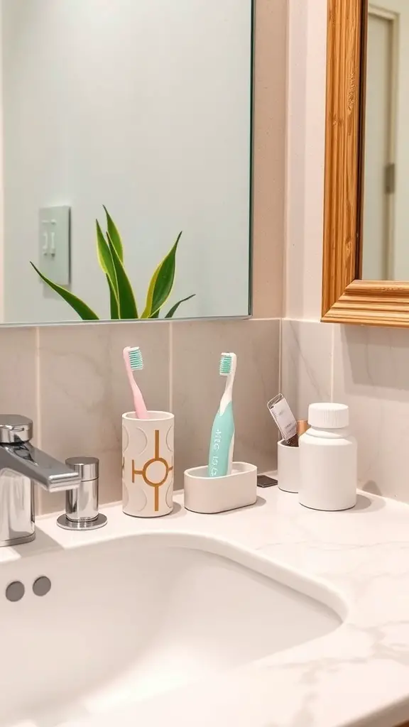 Stylish toothbrush holders on a bathroom counter