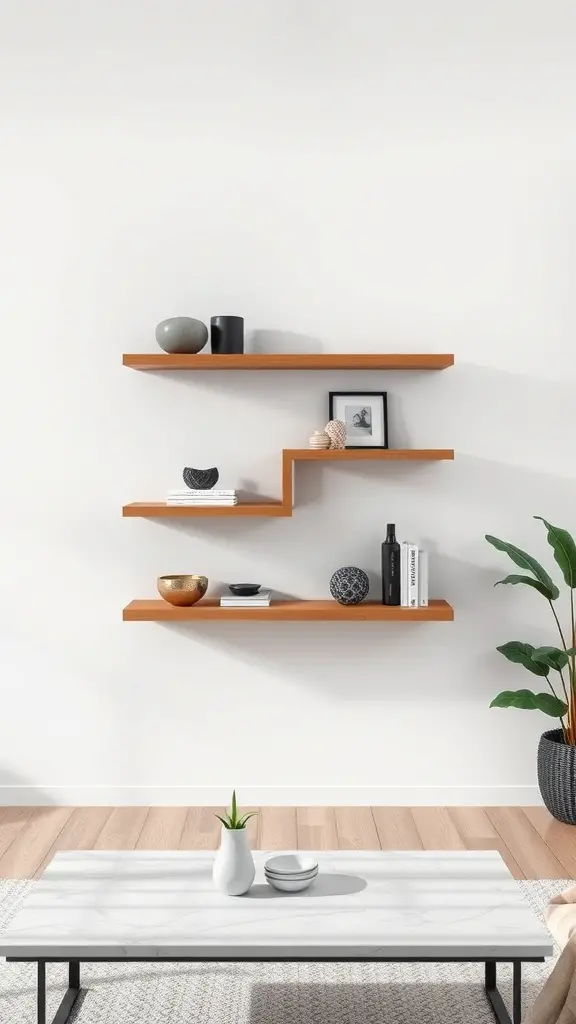 27+ Stunning DIY Coffee Table Ideas You Can Create at Home 14 A modern floating shelf coffee table design with wooden shelves and decorative items.