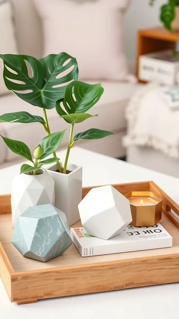 A coffee table tray featuring geometric decor items, including vases, candles, and plants.