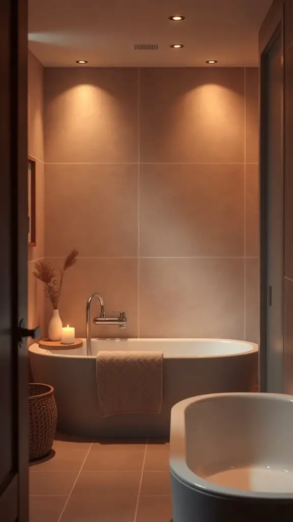 A dimly lit bathroom featuring a bathtub, soft lighting, and decorative elements.