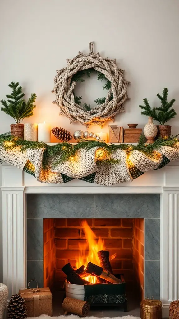 A cozy knit garland draped over a fireplace mantel, surrounded by candles, pinecones, and small evergreen trees.