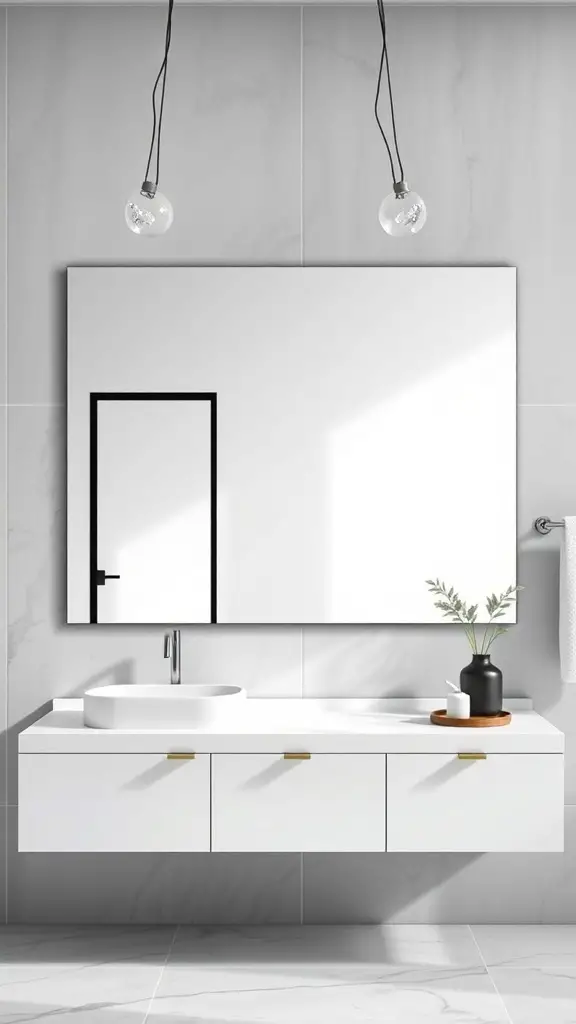 23+ Stunning Black and White Bathroom Ideas You'll Love 15 A modern black and white bathroom featuring a large statement mirror above a sleek vanity.