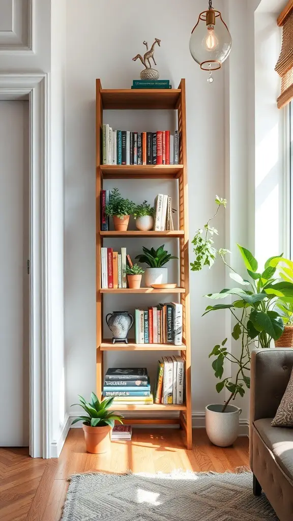 23+ Creative DIY Bookshelf Ideas 8 A ladder-style bookshelf with books and plants in a cozy room