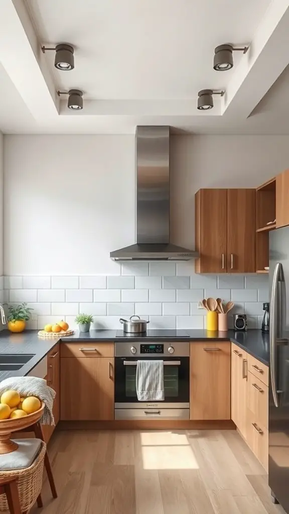 23+ Stunning U-Shaped Kitchen Layout Ideas 13 A modern U-shaped kitchen featuring a range hood, wooden cabinets, and a clean countertop.