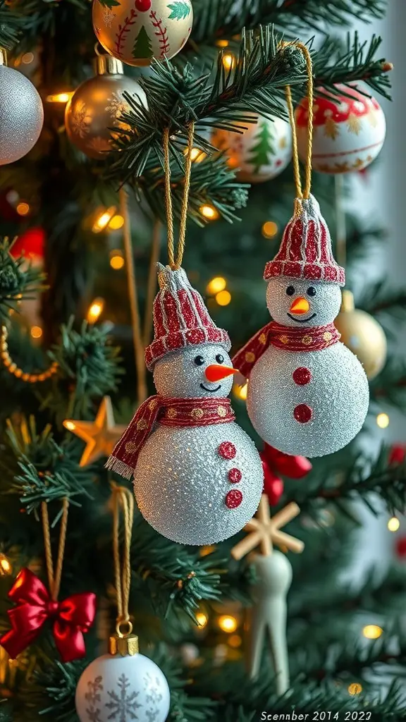 Two glittery snowman ornaments hanging on a Christmas tree