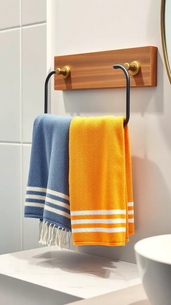 Chic towel holder with blue and orange towels