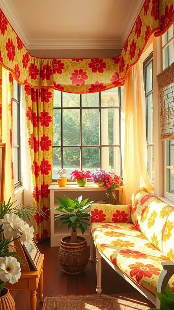 29+ Stunning Sunroom Curtain Ideas to Brighten Your Space 9 A bright sunroom with floral patterned curtains and cushions, showcasing a cheerful and inviting atmosphere.