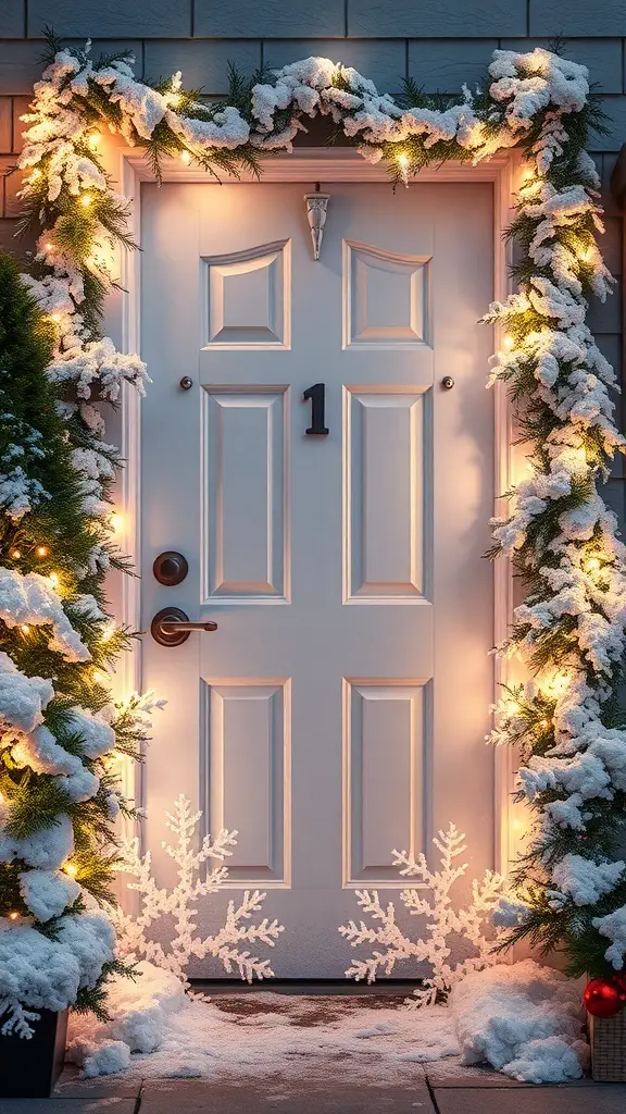 25+ Unique Winter Door Decorations to Brighten Your Home 12 A winter-themed door decorated with snow, greenery, and warm lights.