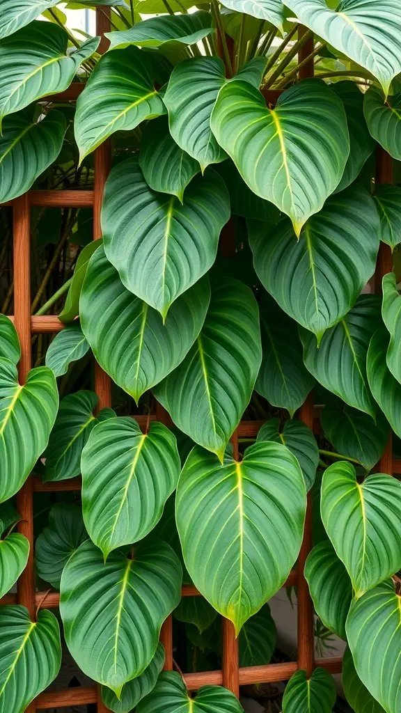 A lush Monstera plant climbing a wooden trellis, showcasing its large green leaves.