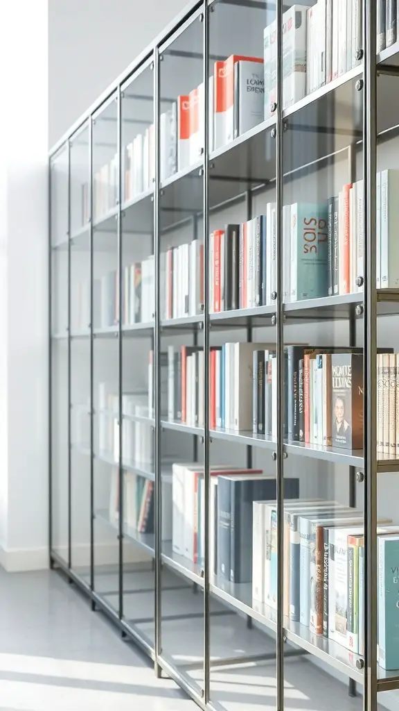 23+ Creative DIY Bookshelf Ideas 11 A modern glass and metal bookshelf displaying various books.