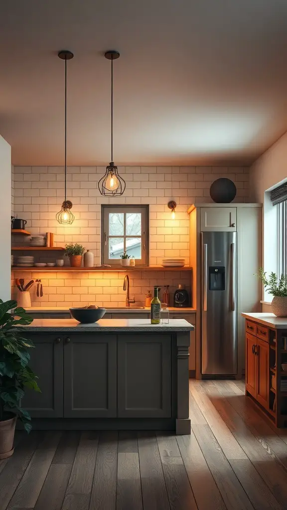 A small kitchen featuring an island with pendant lights, under-cabinet lighting, and a cozy atmosphere.