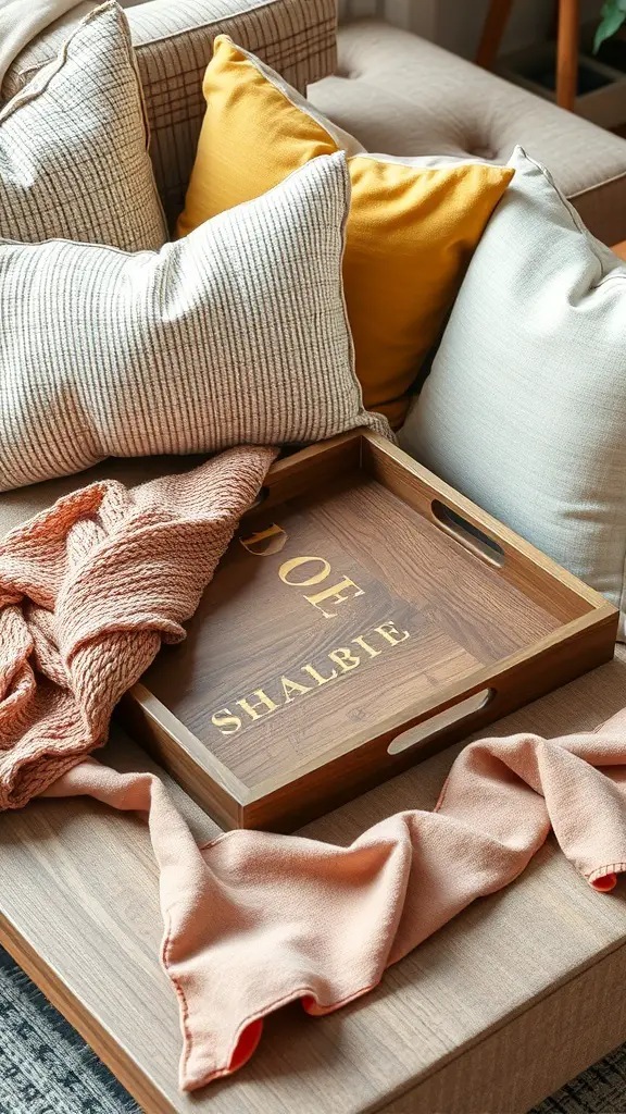 A cozy coffee table setup featuring textured pillows, a knitted throw, and a wooden tray.