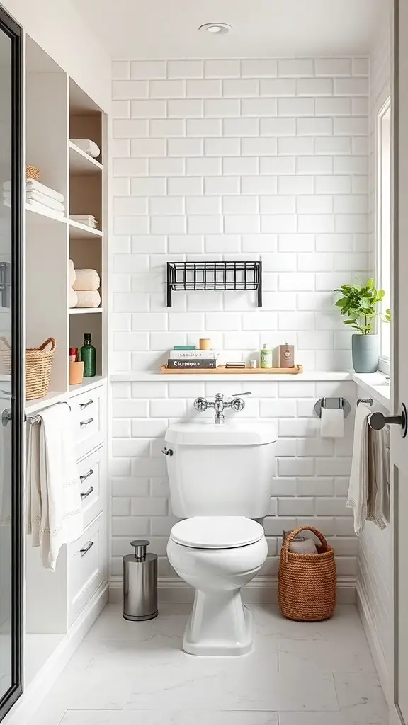 29+ Stunning Bathroom Interior Design Ideas for a Chic Retreat 12 A small bathroom with white tiles, open shelving, and organized storage solutions.