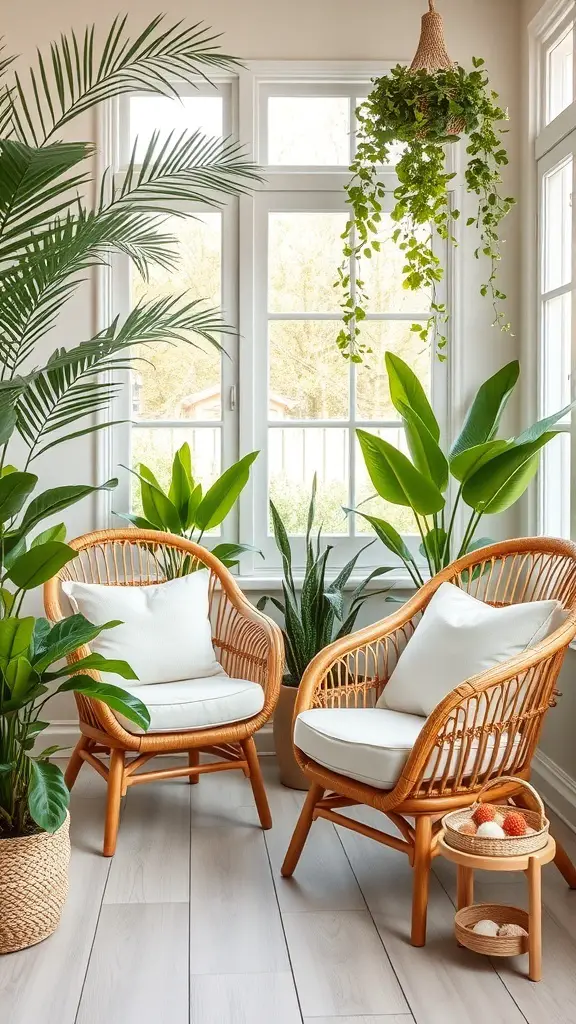 25+ Stylish Sunroom Furniture Ideas for a Cozy Retreat 5 Two cozy rattan lounge chairs with white cushions in a sunroom surrounded by plants.