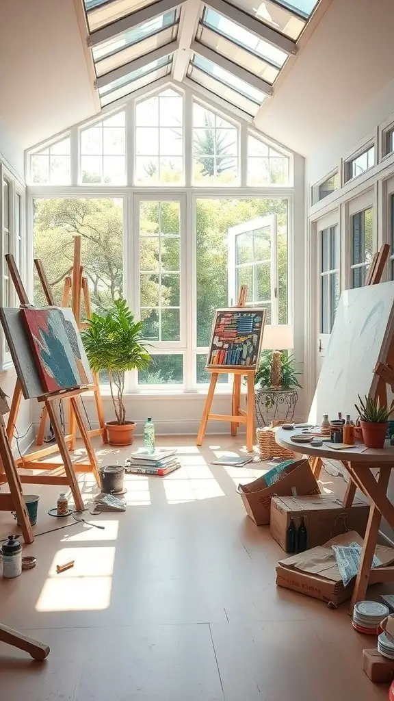 27+ Charming Small Sunroom Ideas to Brighten Your Home 9 Bright art studio with easels, plants, and large windows
