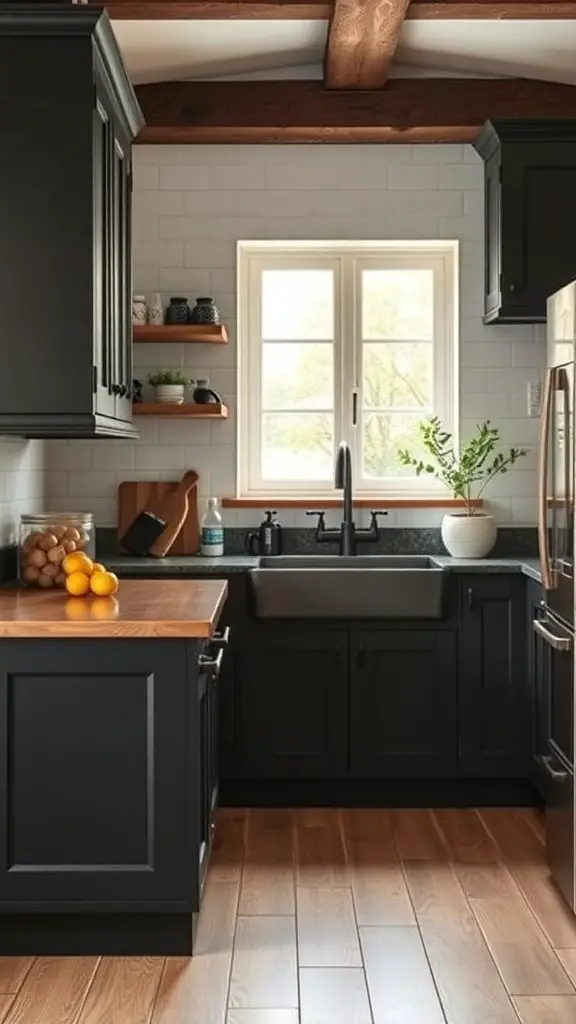 A rustic kitchen featuring black cabinets, wooden countertop, and natural light.