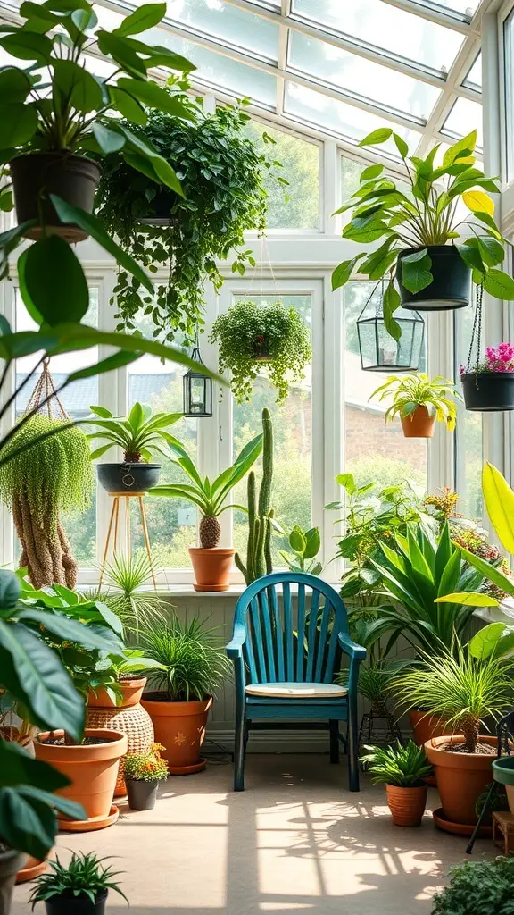 27+ Charming Small Sunroom Ideas to Brighten Your Home 6 A sunroom filled with various potted plants and a blue chair