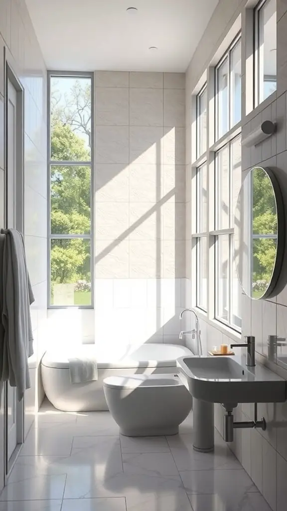 A bright and airy small bathroom with large windows allowing natural light, featuring a bathtub, sink, and modern design.