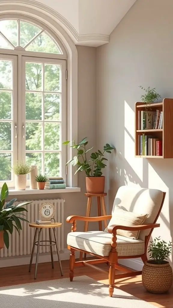 Cozy reading corner in a sunroom with a comfortable chair, plants, and a side table.