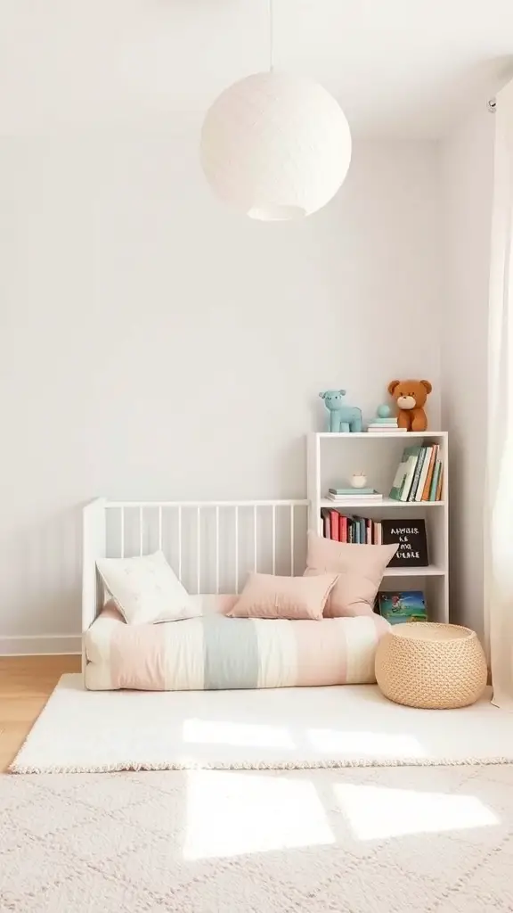 27+ Adorable Neutral Baby Room Ideas to Inspire Your Nursery Design 11 A cozy reading nook in a neutral baby room with soft pillows, a small shelf of books, and natural light.