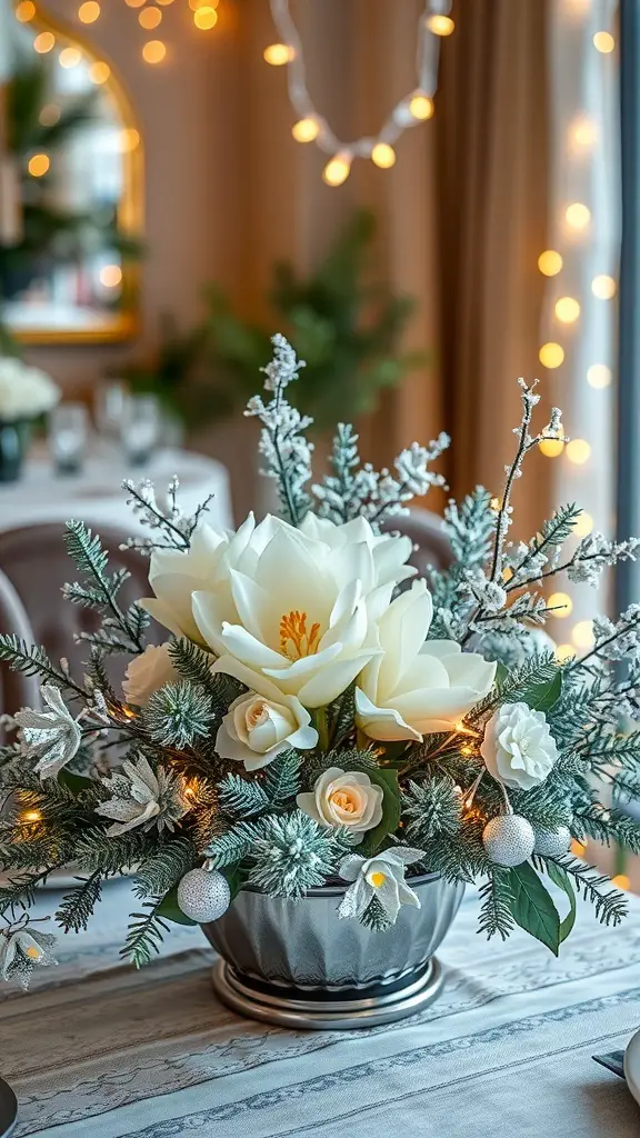 A winter table centerpiece featuring white flowers and silver decorations