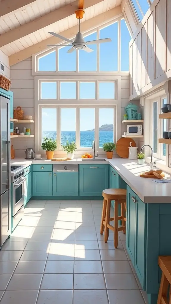 25+ Creative Minecraft Kitchen Designs You’ll Love 4 Bright coastal kitchen with blue cabinets and large windows overlooking the ocean.
