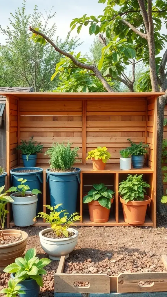 Wooden storage unit with plants around it