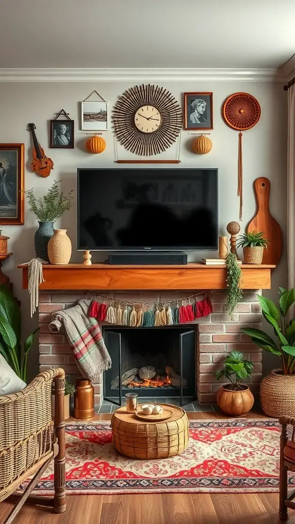 Cozy living room with a TV above a rustic mantle, featuring an eclectic mix of decor styles including artwork, plants, and textiles.
