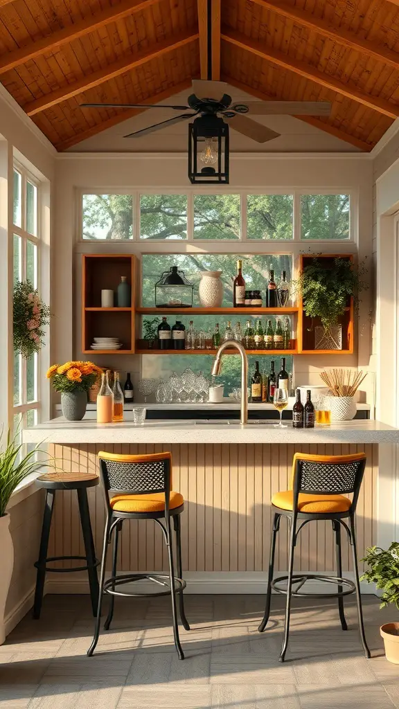 23+ Inspiring Three Season Porch Ideas to Transform Your Space 11 Chic bar setup with a countertop, bar stools, and shelves filled with drinks and plants.