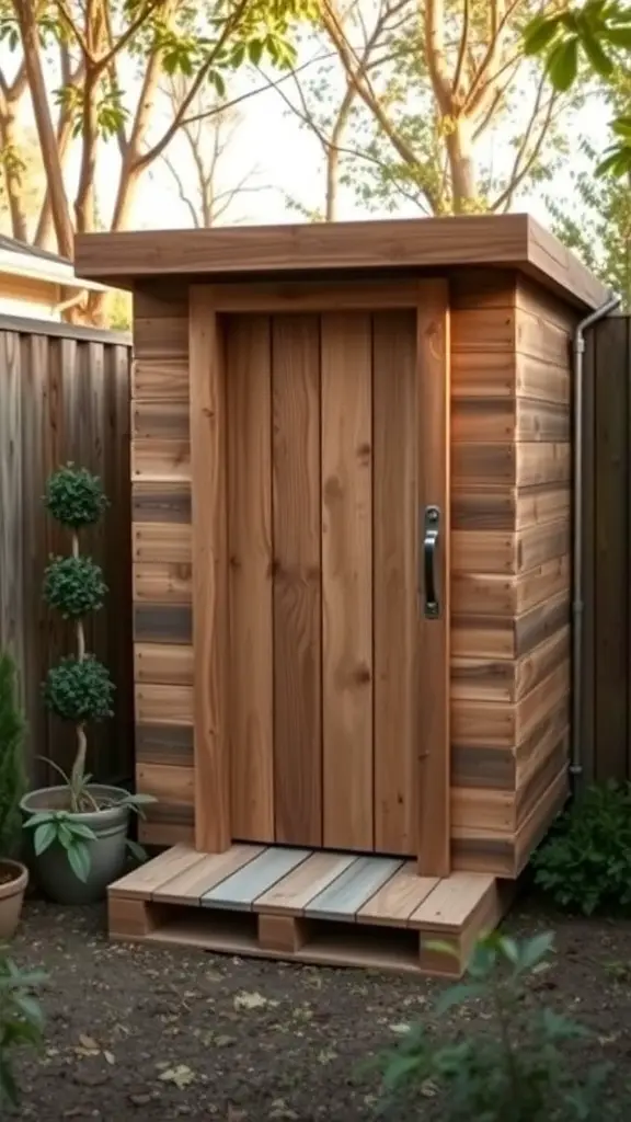 A small wooden restroom structure made from pallets, surrounded by greenery.