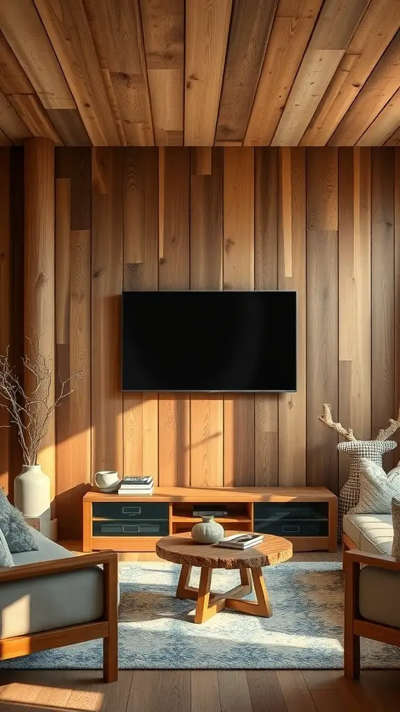 25+ Creative TV Wall Paneling Ideas for a Stylish Living Room 6 Cozy living room with rustic wood paneling and a television