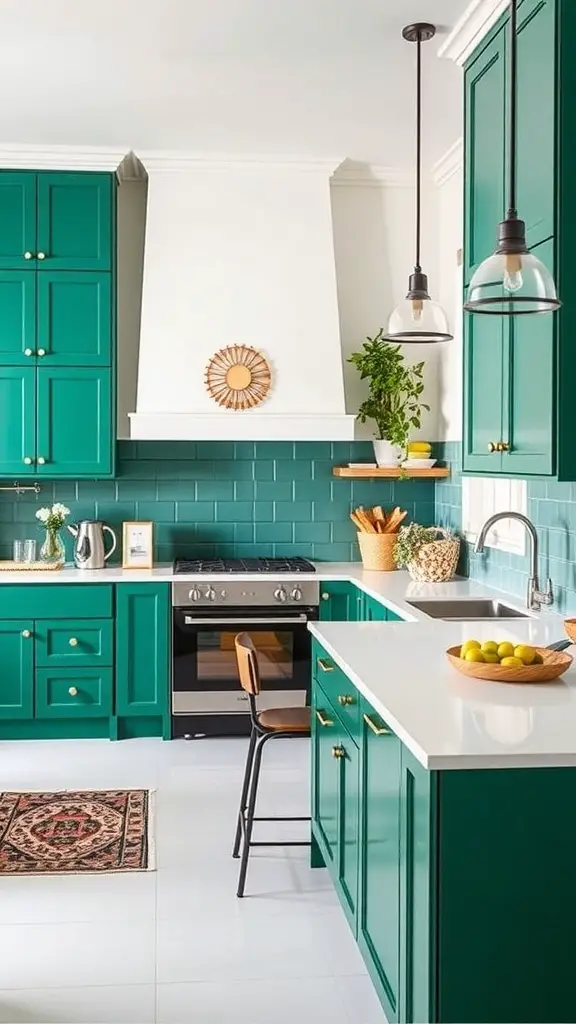 A kitchen featuring bold emerald green cabinets with gold hardware, white countertops, and a cozy atmosphere.