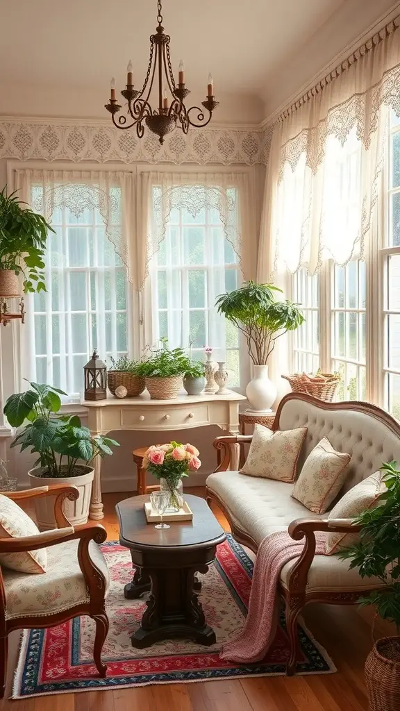 27+ Enclosed Sunroom Ideas to Brighten Your Home 13 A vintage-inspired sunroom featuring antique furniture, lace curtains, and indoor plants.