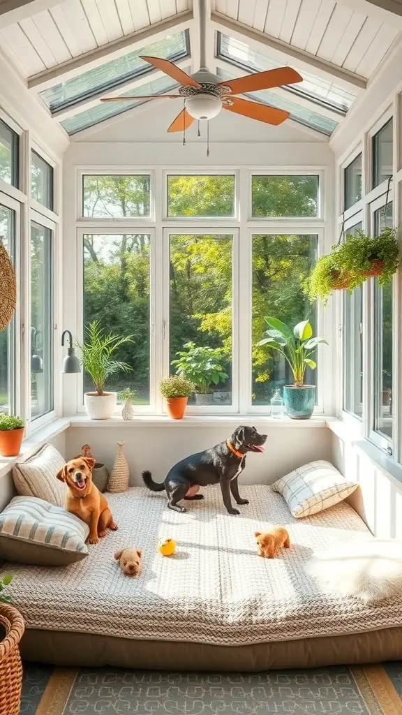 27+ Cozy Cottage Sunroom Ideas You’ll Love 14 A bright sunroom with large windows, featuring dogs lounging on a soft bed surrounded by plants.