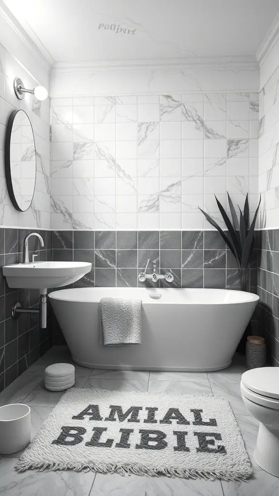 25+ Stunning Black and White Bathroom Ideas You’ll Love 4 A black and white bathroom featuring a freestanding bathtub, textured tiles, and a decorative rug.