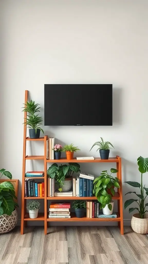 A wooden ladder shelf with plants and books, with a TV mounted above it.
