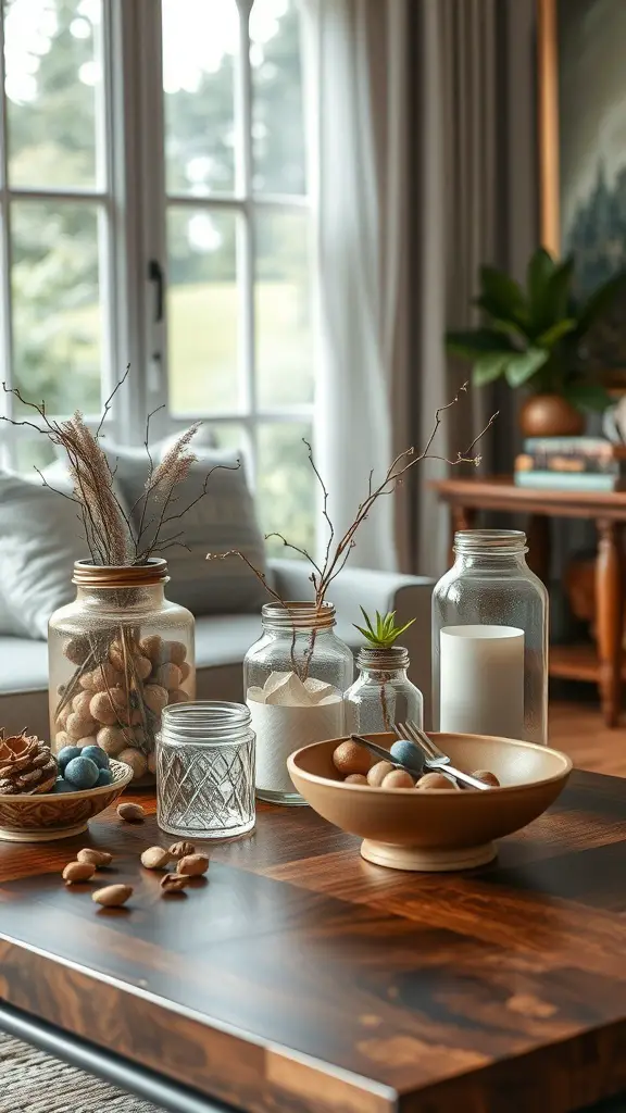 A coffee table decorated with various containers including glass jars, a wooden bowl, and candles.