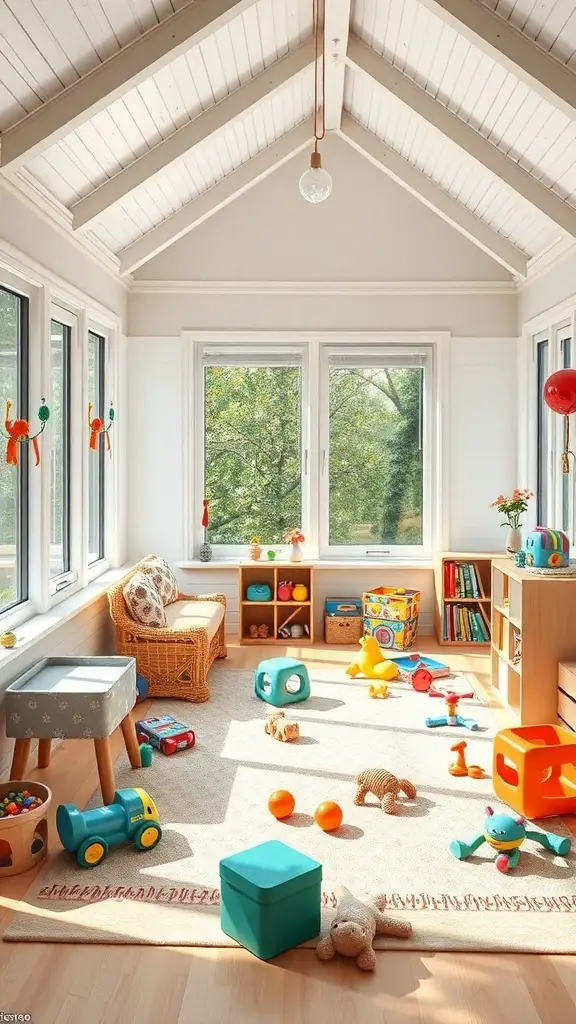 27+ Cozy Cottage Sunroom Ideas You’ll Love 5 A bright and cheerful sunroom playroom filled with toys and a cozy seating area.