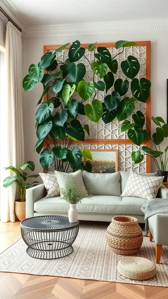 A living room featuring a Monstera plant climbing a trellis, with a light-colored sofa and decorative elements.