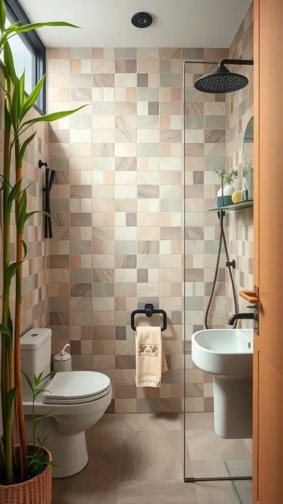 A modern bathroom featuring sustainable materials, including bamboo plants and eco-friendly tiles.